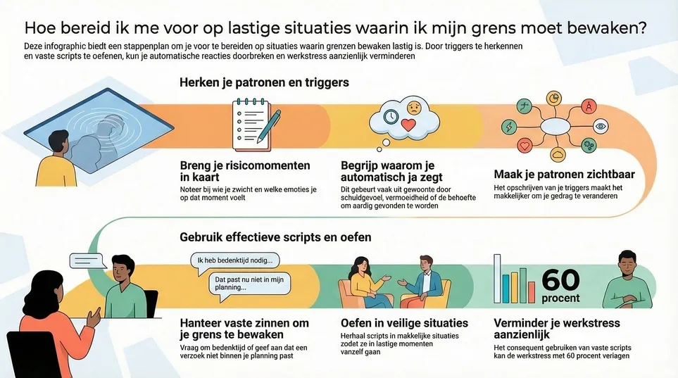 Infographic over grenzen stellen in lastige situaties met tips om triggers te herkennen en vaste zinnen te gebruiken om nee te zeggen.