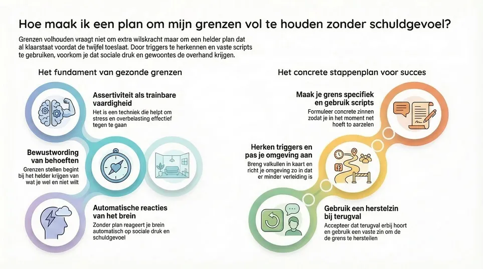 Infographic over grenzen volhouden met 5 stappen: concrete grenzen stellen, nee zeggen met scripts, triggers herkennen en terugval herstellen.