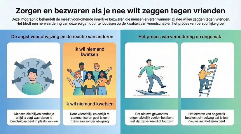 Infographic met veelvoorkomende zorgen bij nee zeggen tegen vrienden: 1. Angst om minder aardig gevonden te worden, 2. Angst om iemand te kwetsen, 3. Het voelt ongemakkelijk, met tips hoe je dit op een vriendelijke en respectvolle manier kunt doen.